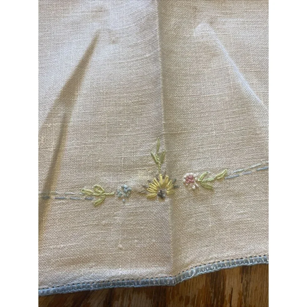 Vintage Table Cloth Linen Ivory Blue Flowers Pitcher Square  35